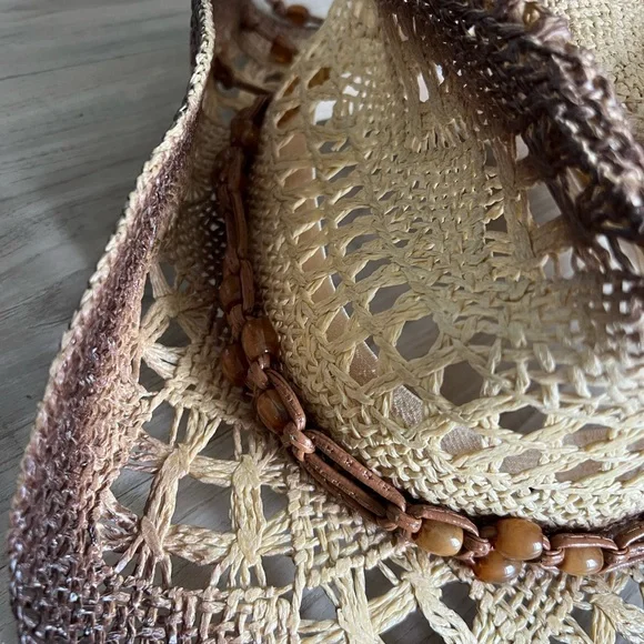 Unisex Tan cowboy straw Hat with Bead Accents NWOT - Picture 4 of 6